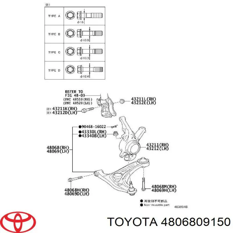 4806809150 Toyota barra oscilante, suspensión de ruedas delantera, inferior derecha