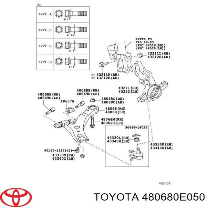 480680E050 Toyota barra oscilante, suspensión de ruedas delantera, inferior derecha