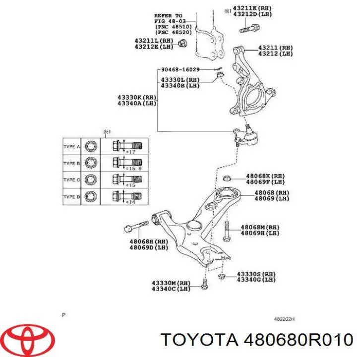 480680R010 Toyota Brazo inferior derecho de la suspensión delantera