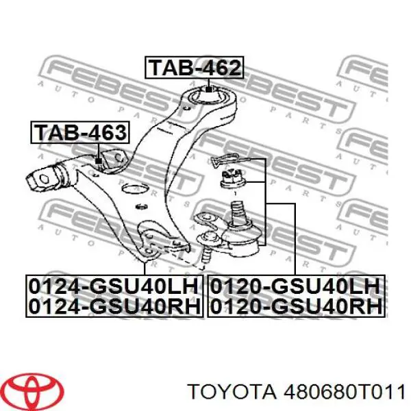 480680T011 Toyota barra oscilante, suspensión de ruedas delantera, inferior derecha