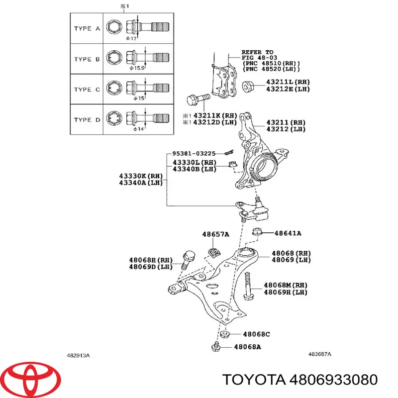 4806933080 Toyota Brazo inferior izquierdo de la suspensión delantera