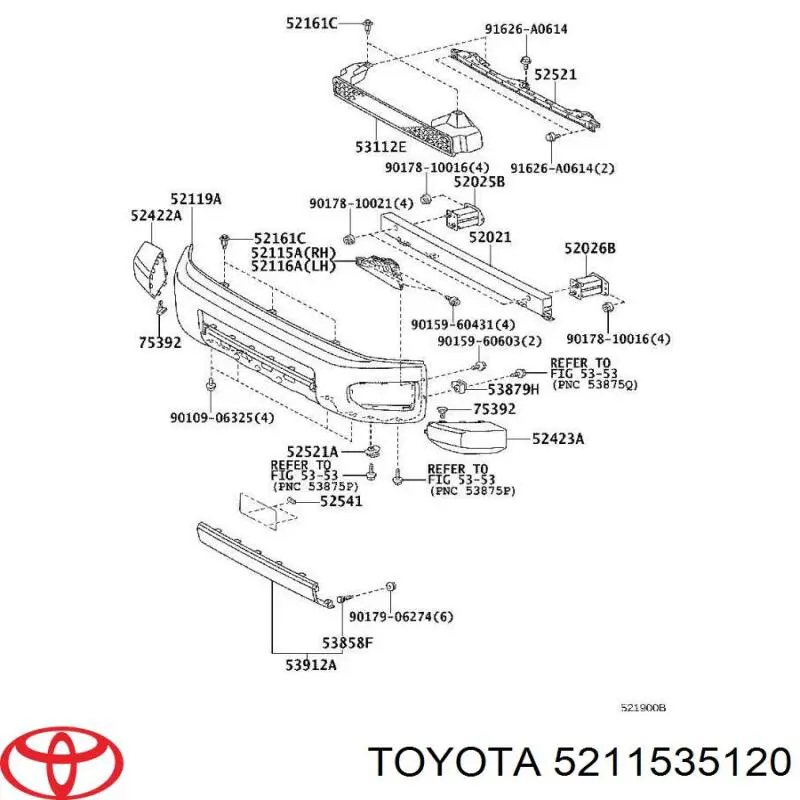 5211535120 Toyota soporte de parachoques delantero derecho
