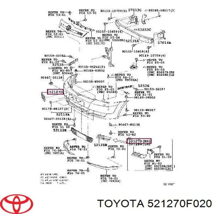 521270F020 Toyota rejilla de antinieblas delantera derecha