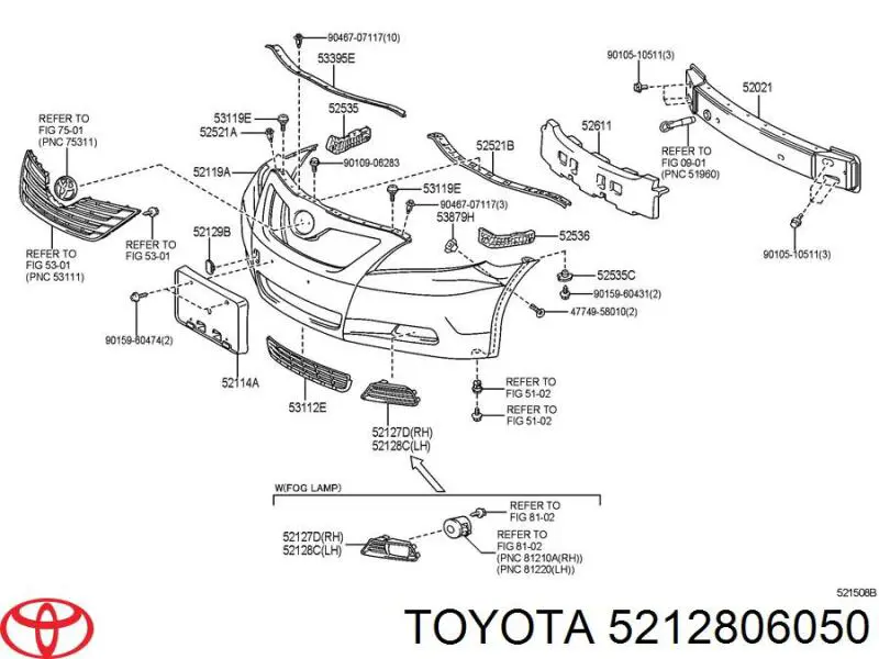 5212806050 Toyota rejilla de antinieblas delantera izquierda