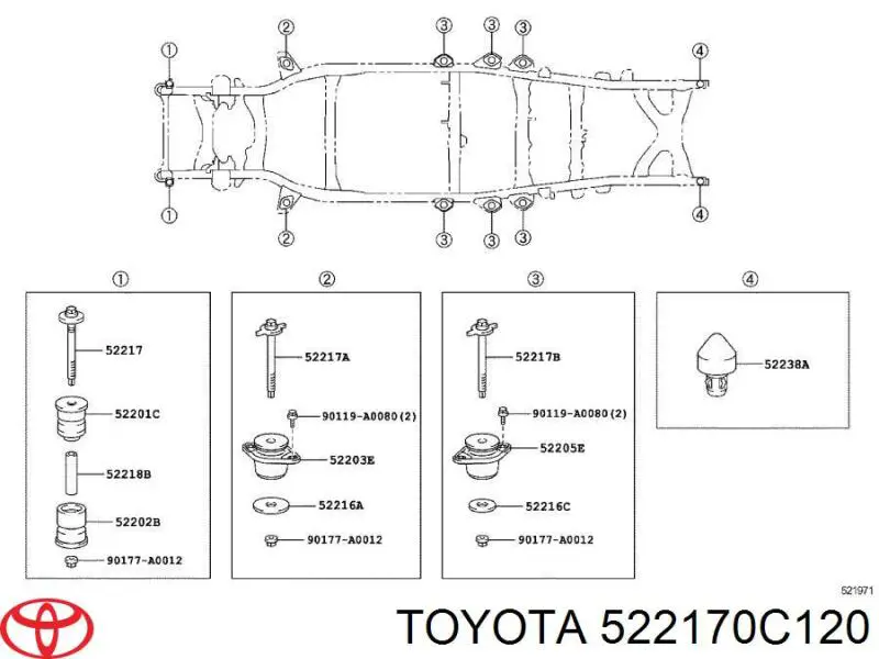 522170C120 Toyota perno de amortiguacion del marco del cuerpo