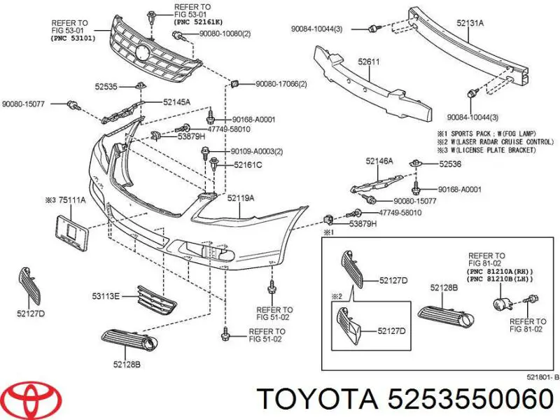 5253550060 Toyota clips de fijación de parachoques delantero