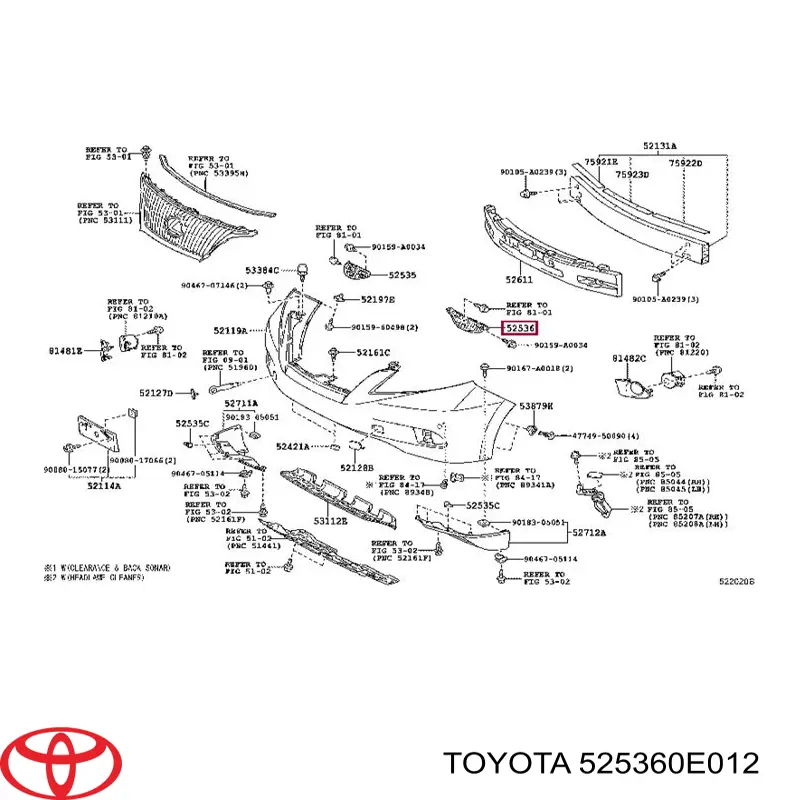 525360E012 Toyota soporte de parachoques delantero izquierdo