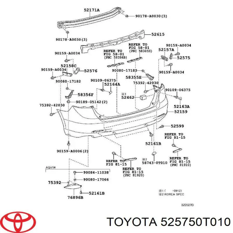 525750T010 Toyota soporte de guía para parachoques trasero, derecho