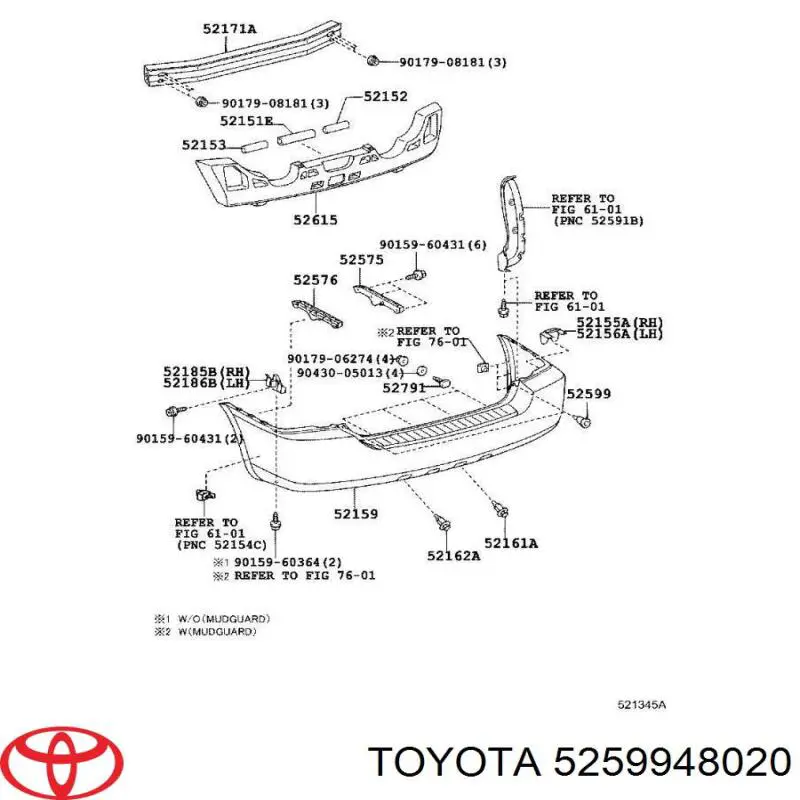 Clips de fijación de parachoques trasero Toyota 5259948020