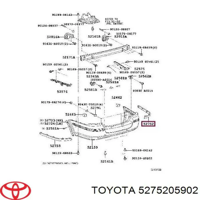 5275205902 Toyota moldura de parachoques trasero derecho
