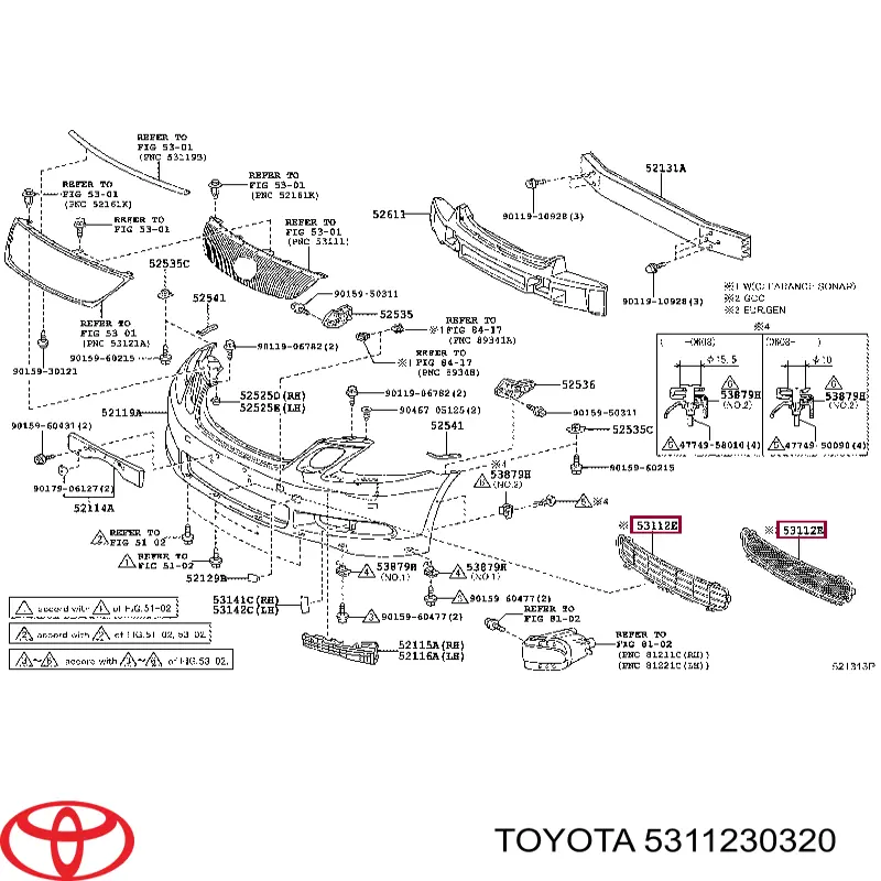 5311230320 Toyota rejilla de ventilación, parachoques trasero, central
