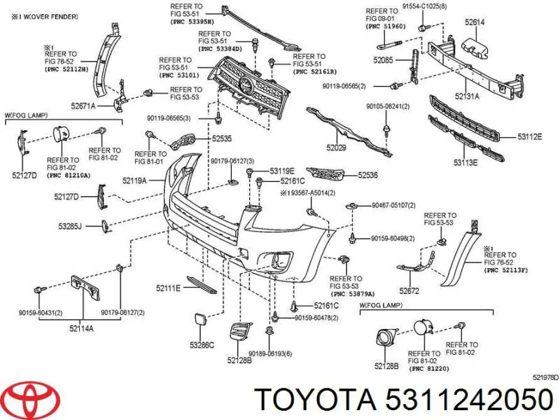 5311242050 Toyota rejilla de ventilación, parachoques delantero, superior