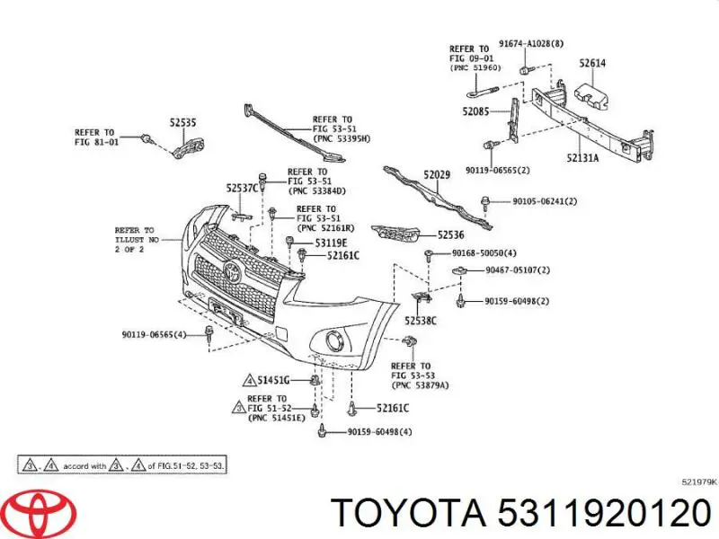 5311920120 Toyota clips de fijación para rejilla de radiador de panel