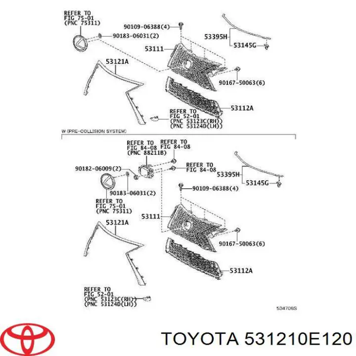 531210E120 Toyota Moldura de rejilla del radiador