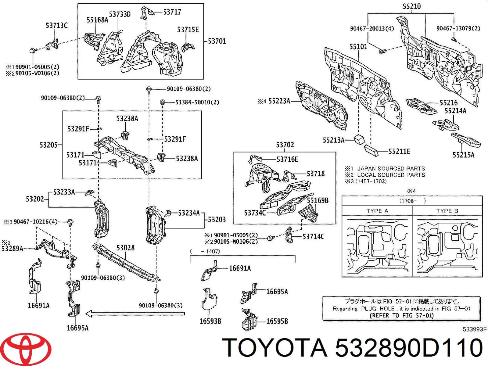 532890D110 Toyota ajuste panel frontal (calibrador de radiador Superior)