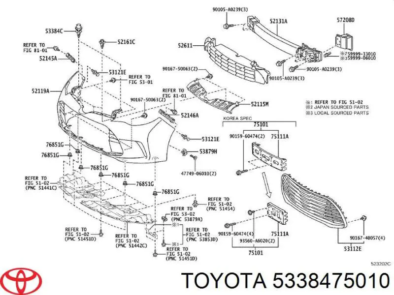 5338475010 Toyota clips de fijación de parachoques delantero