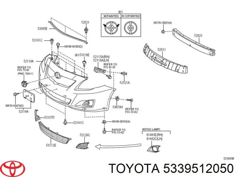 5339512050 Toyota junta de parachoques delantero