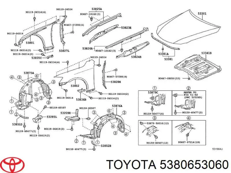 5380653060 Toyota guardabarros interior, aleta delantera, izquierdo