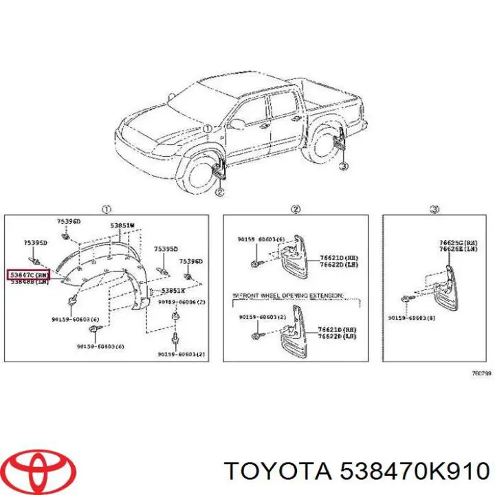 538470K910 Toyota moldura de guardabarro delantero derecho