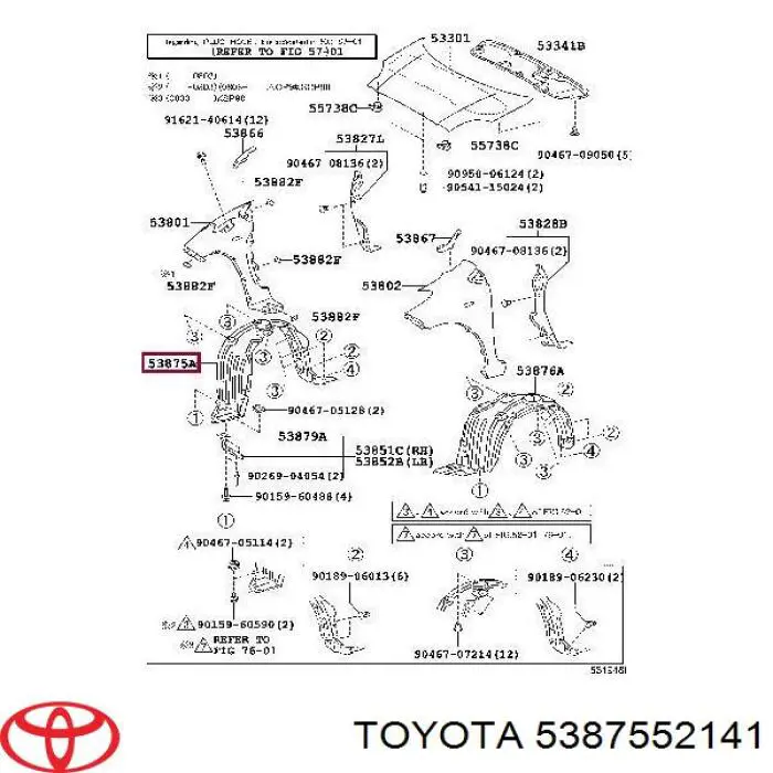 5387552140 Toyota guardabarros interior, aleta delantera, derecho