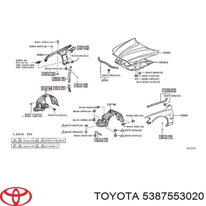 5387553020 Toyota guardabarros interior, aleta delantera, derecho