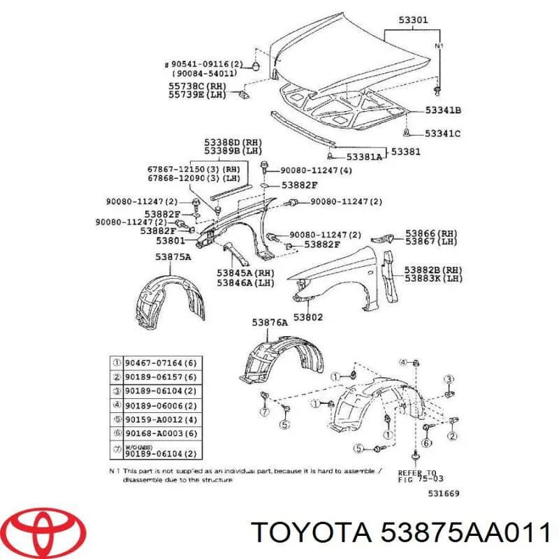 Guardabarros interior, aleta delantera, derecho para Toyota Camry (V30)
