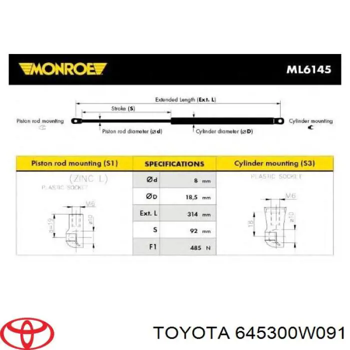 Amortiguador de maletero Toyota 645300W091 precio, desde 8,61 EUR