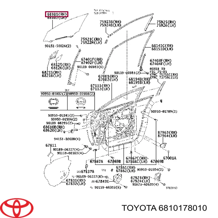 6810178010 Toyota luna de puerta delantera derecha