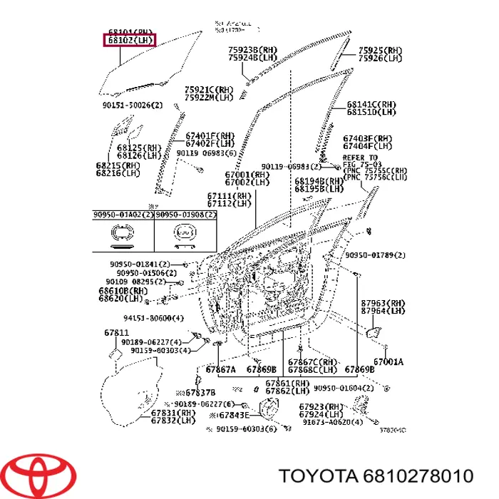 6810278010 Toyota luna de puerta delantera izquierda