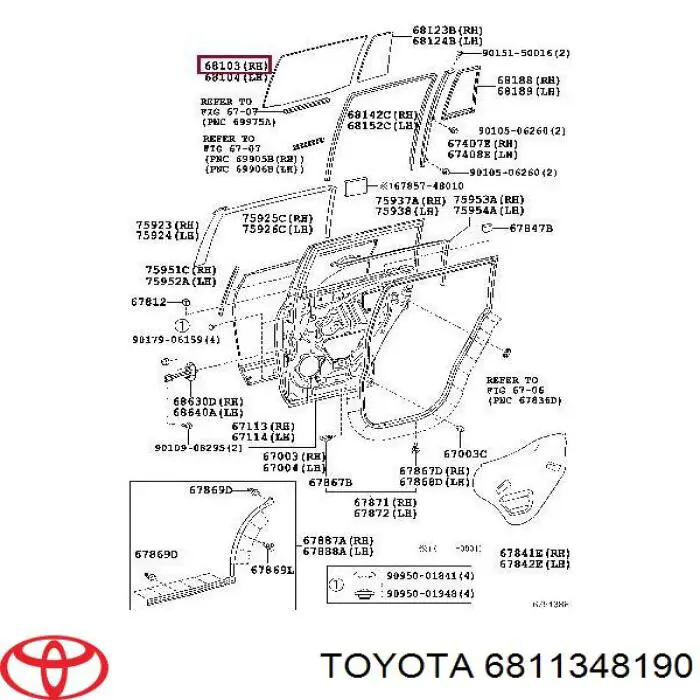 6811348190 Toyota luna de puerta trasera derecha