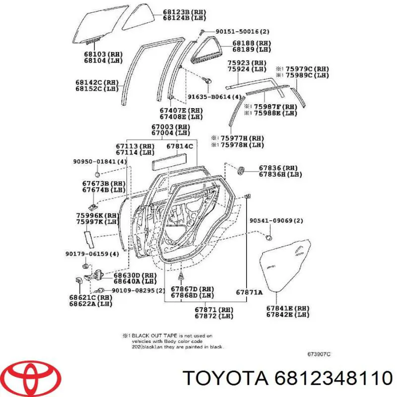 6812348110 Toyota ventanilla lateral de la puerta trasera derecha