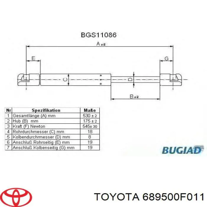 Comprar 689600F010 Toyota Amortiguador de puerta trasera