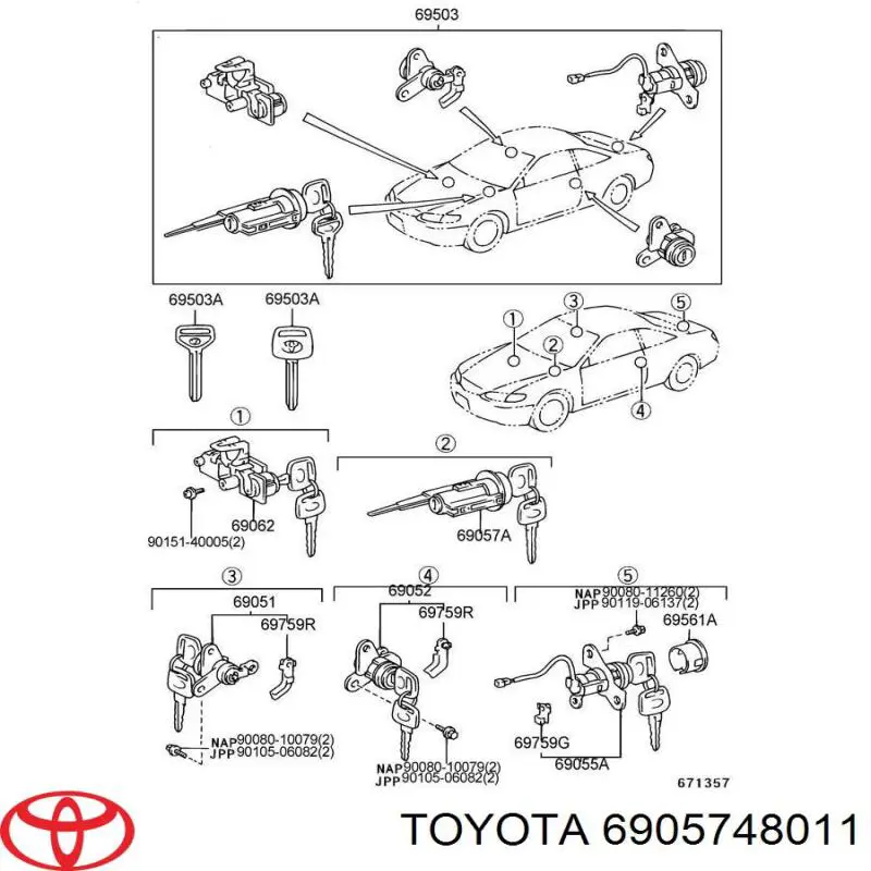 6905748011 Toyota cilindro de cierre, cerradura de encendido