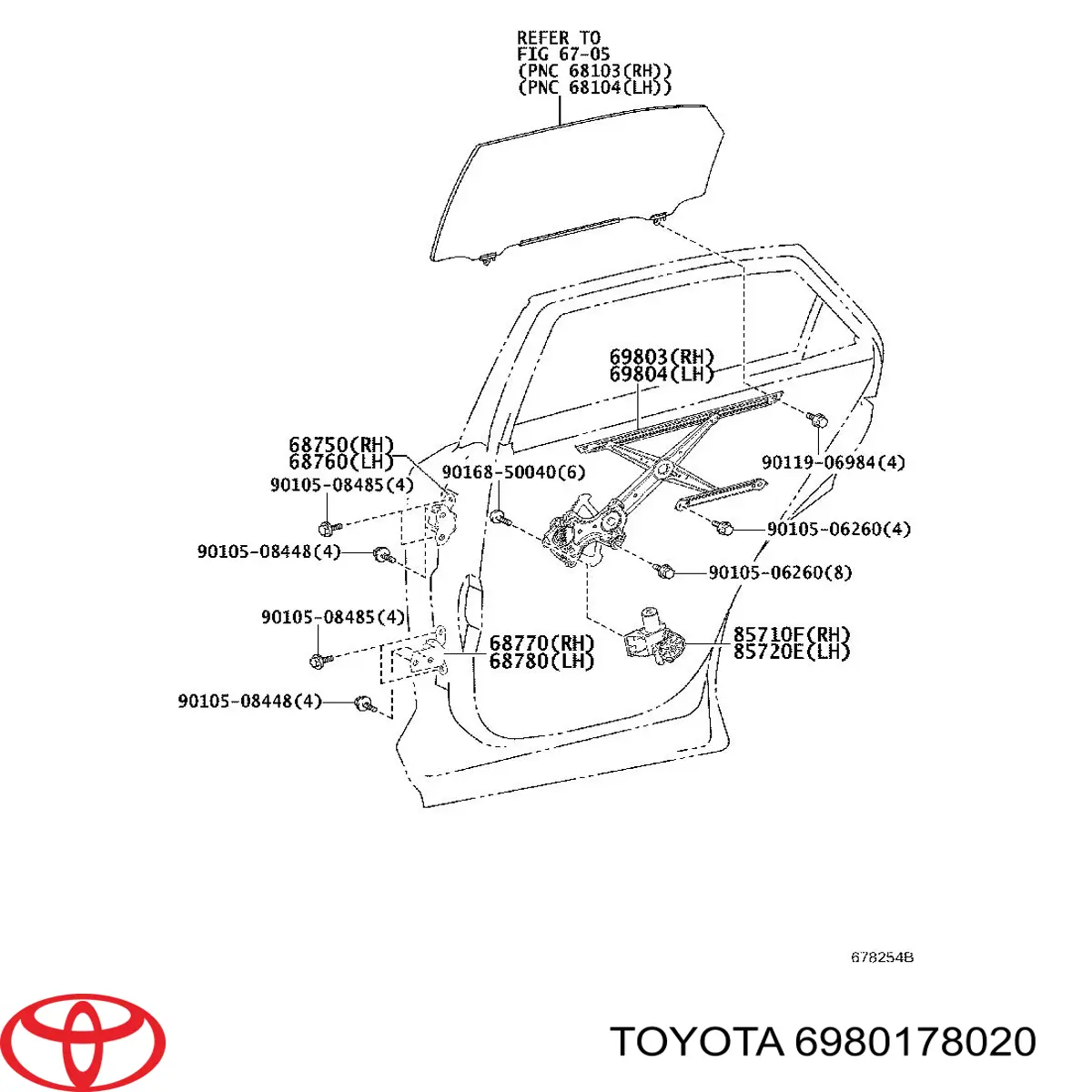 6980178020 Toyota mecanismo de elevalunas, puerta trasera derecha