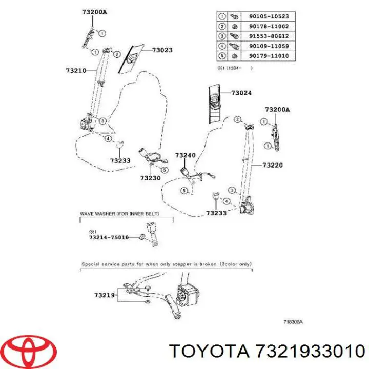 Tope (clip) de un cinturón de seguridad para Toyota RAV4 (A5)