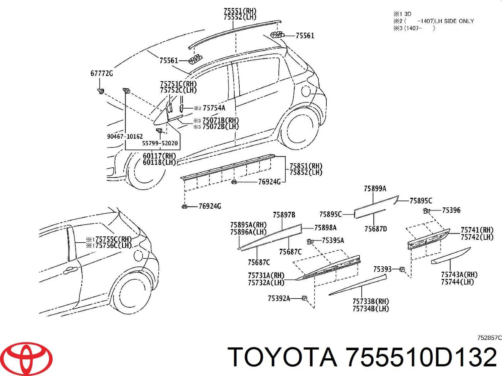 Moldura de techo derecha Toyota 755510D132 precio, desde 36,34 EUR