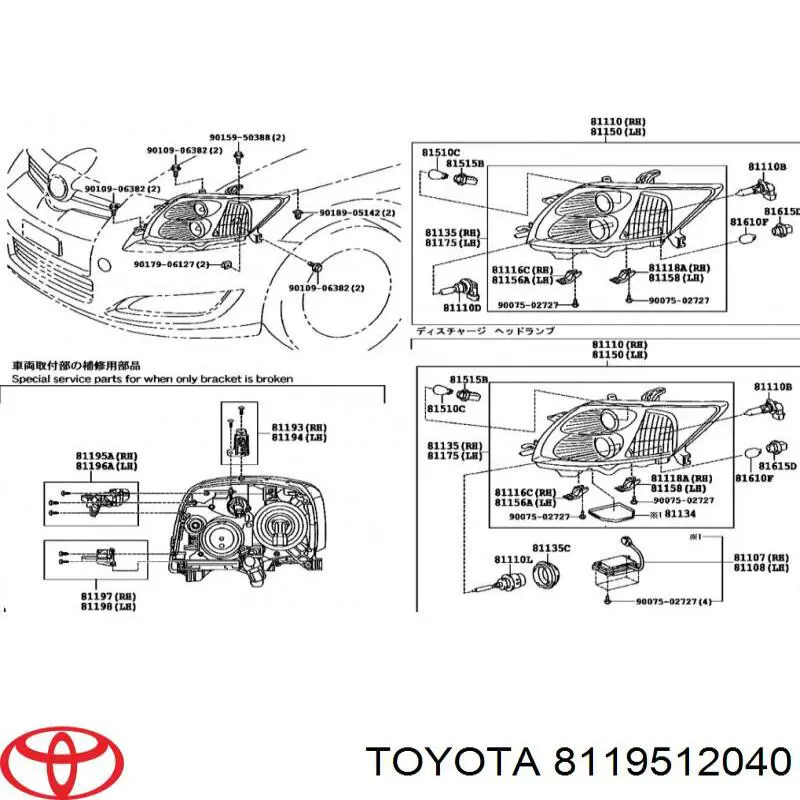 8119512040 Toyota Soporte de fijación del faro delantero derecho