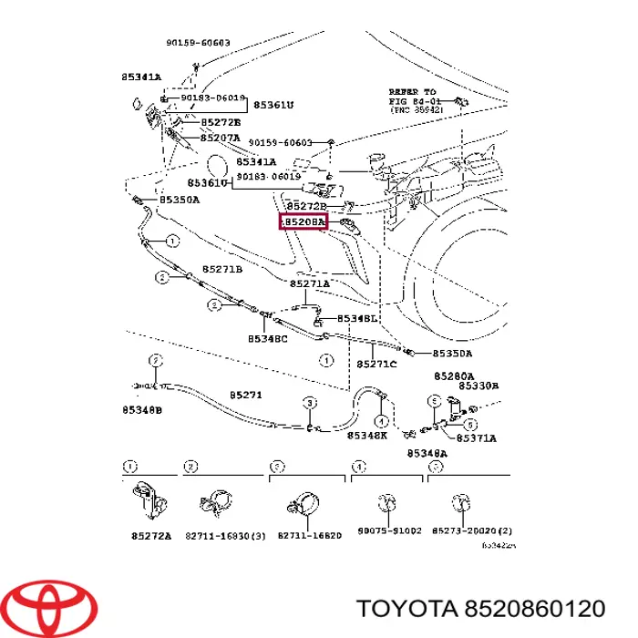 8520860120 Toyota soporte boquilla lavafaros cilindro (cilindro levantamiento)