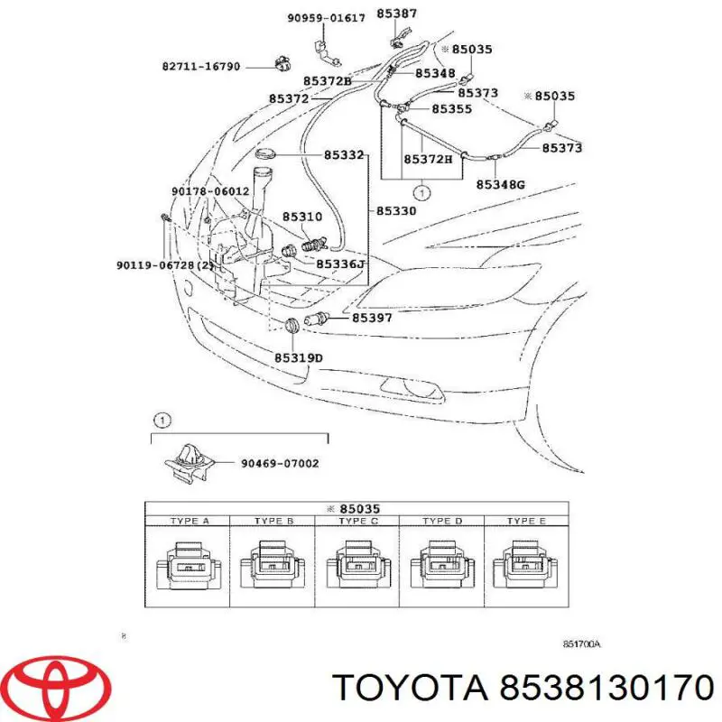 8538130170 Toyota tobera de agua regadora, lavado de parabrisas