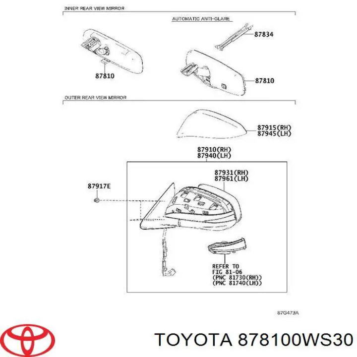 878100WS30 Toyota Espejo retrovisor interior