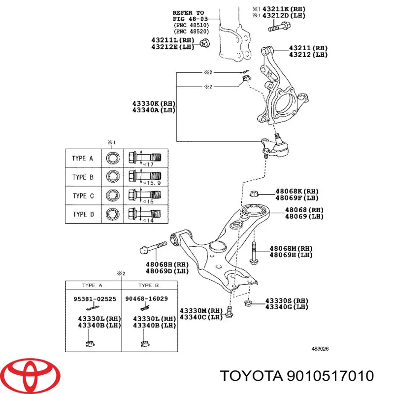 9010517010 Toyota tornillo de montaje, amortiguador delantero