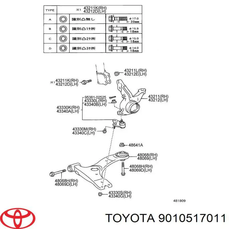 9010517011 Toyota tornillo de montaje, amortiguador delantero