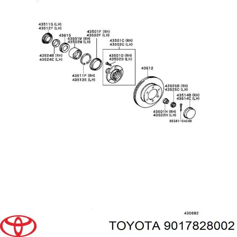 9017828002 Toyota tuerca, cubo de rueda delantero