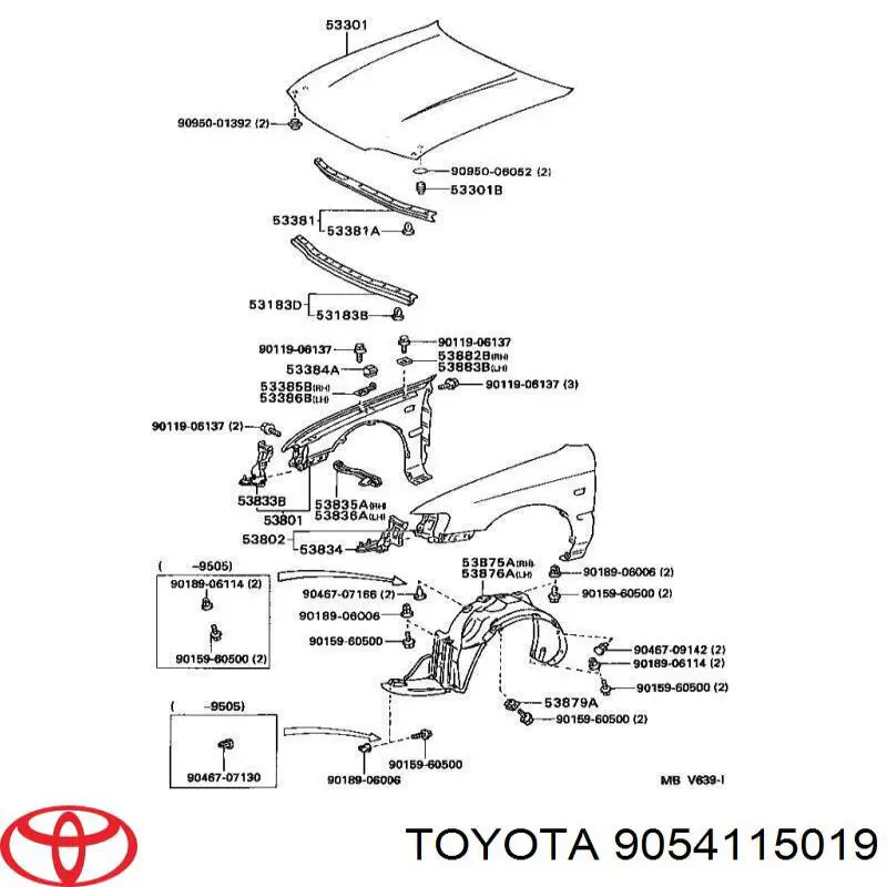 9054115019 Toyota pantalla plana de goma del radiador superior