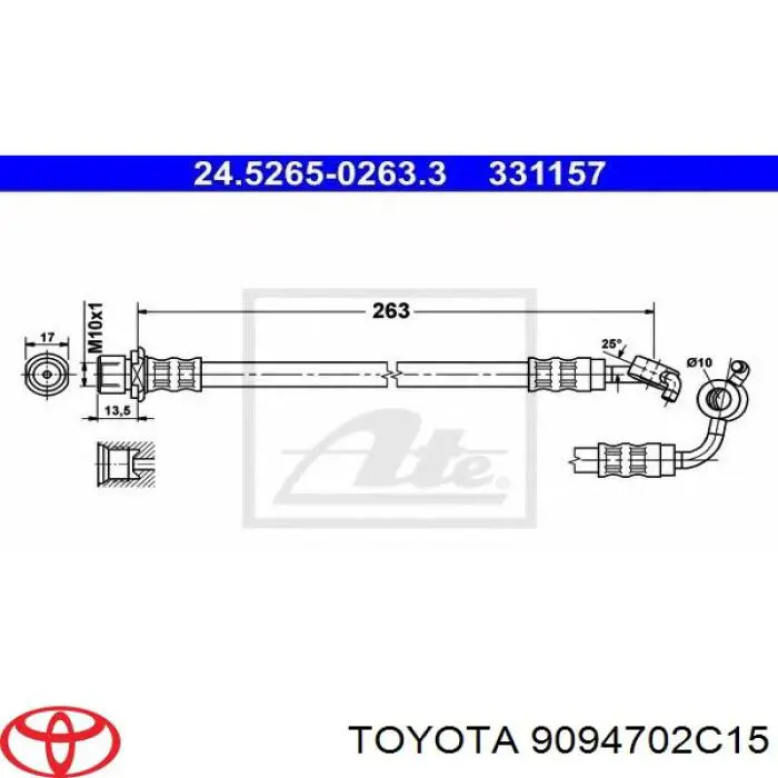 9O947O2833 Toyota latiguillos de freno delantero derecho