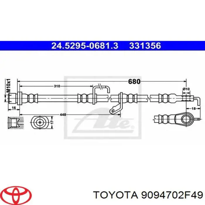 9094702F49 Toyota latiguillos de freno delantero derecho