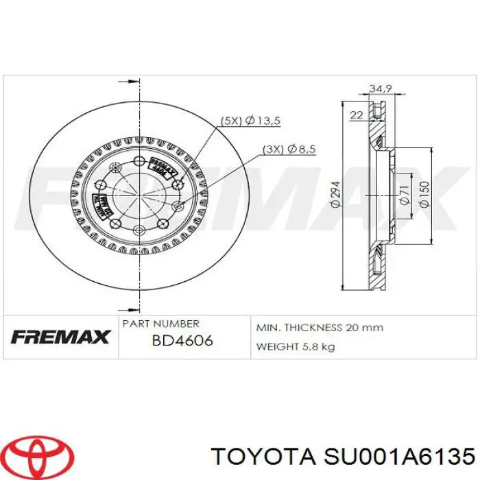 Disco de freno trasero SU001A6135 Toyota