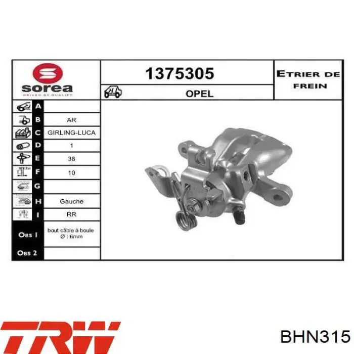 Pinza de freno trasera izquierda TRW BHN315 precio, desde 36,18 EUR