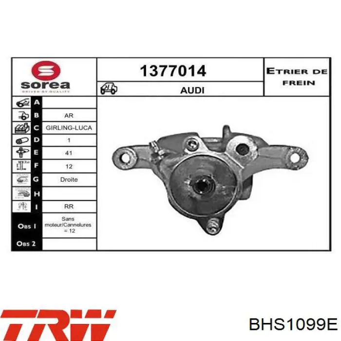 Pinza de freno trasera derecha BHS1099E TRW