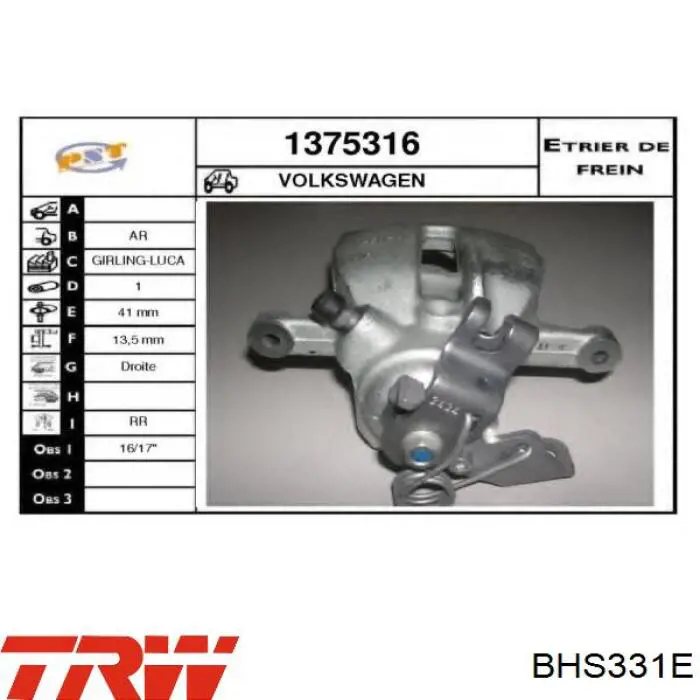 Comprar BHS331E TRW Pinza de freno trasera derecha